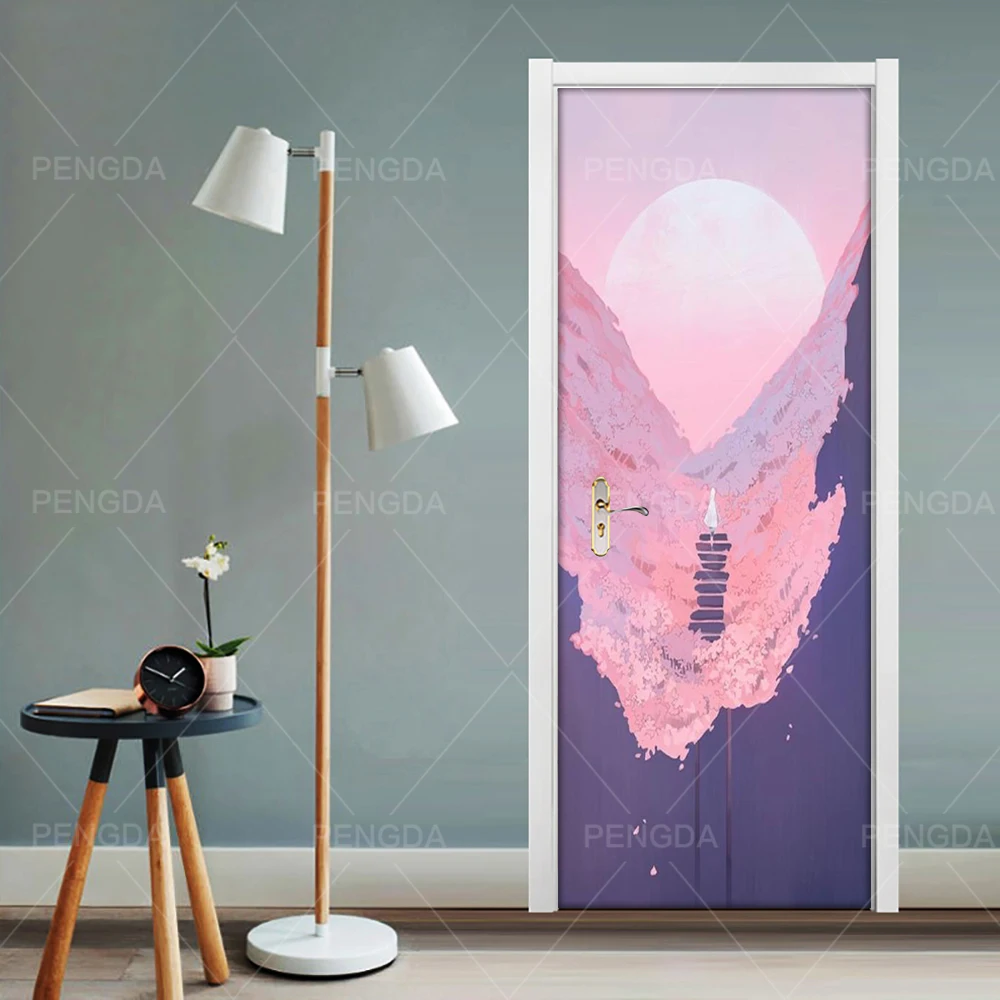 

Настенные 3D-наклейки на двери, настенные водонепроницаемые самоклеящиеся обои с абстрактными изображениями гор и солнца, постер для обновл...