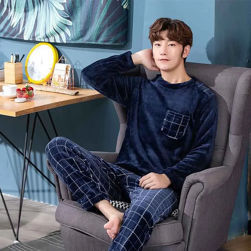 Flannel Pajamas Men Fall Winter Thicken To Increase Warmth Home Clothes O-neck Thick Mens Lounge Wear Conjuntos Masculinos