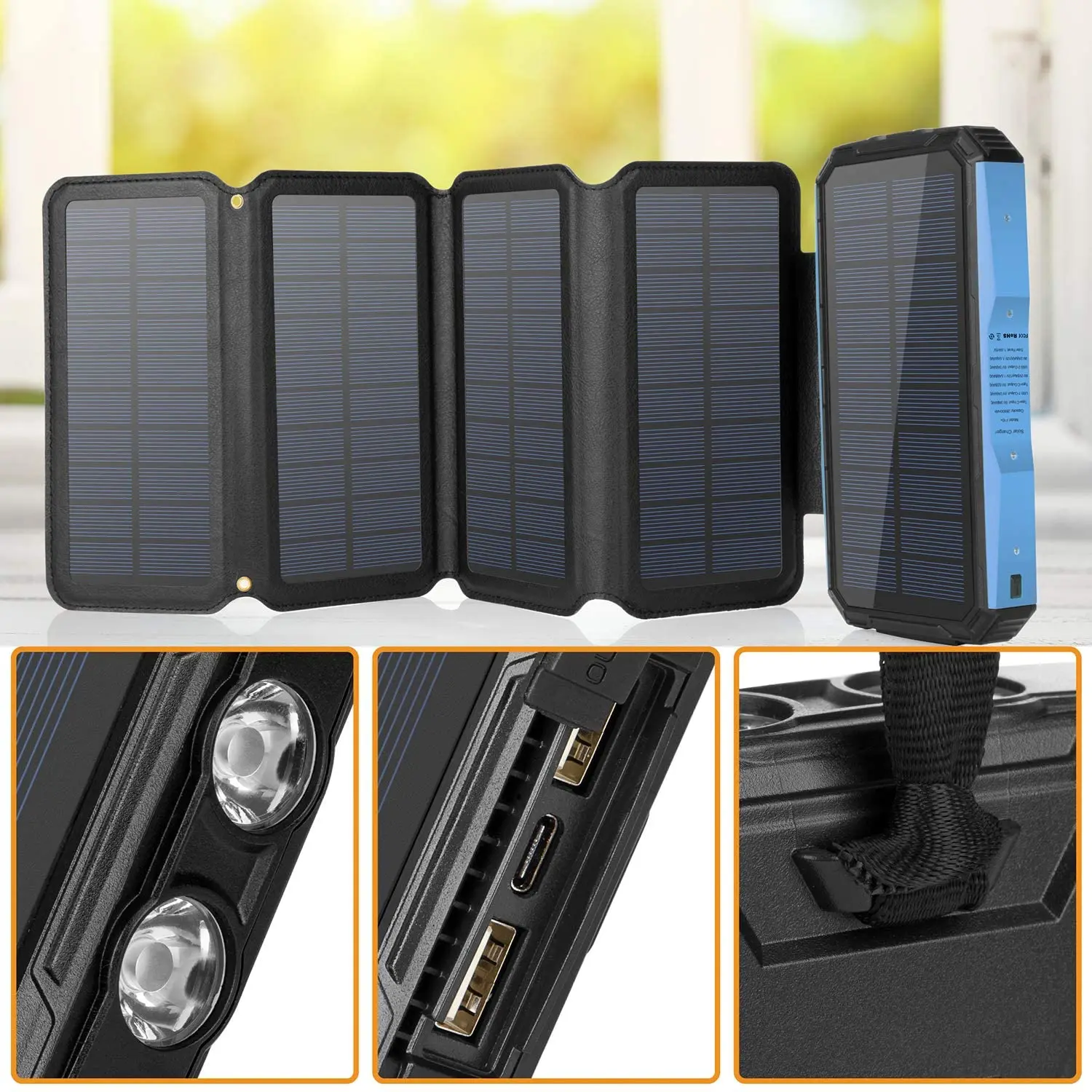 solar charger 26800mah 5 panels 7 5w high efficiency with ultra bright 60 led panel light and flashlight pd portable power ban free global shipping