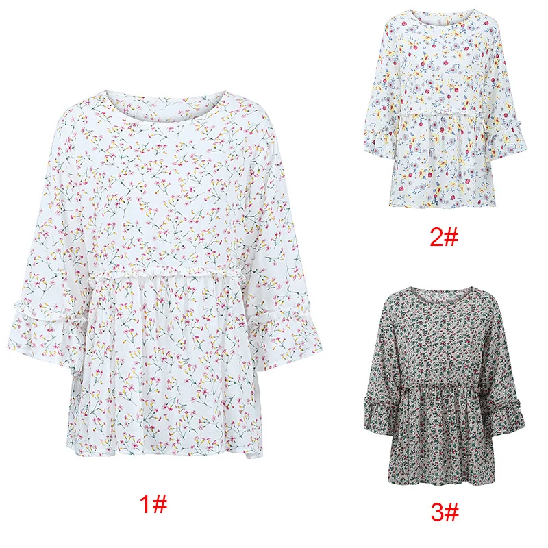 Размера плюс Для женщин блузка цветочный цветок печати рукав три четверти с