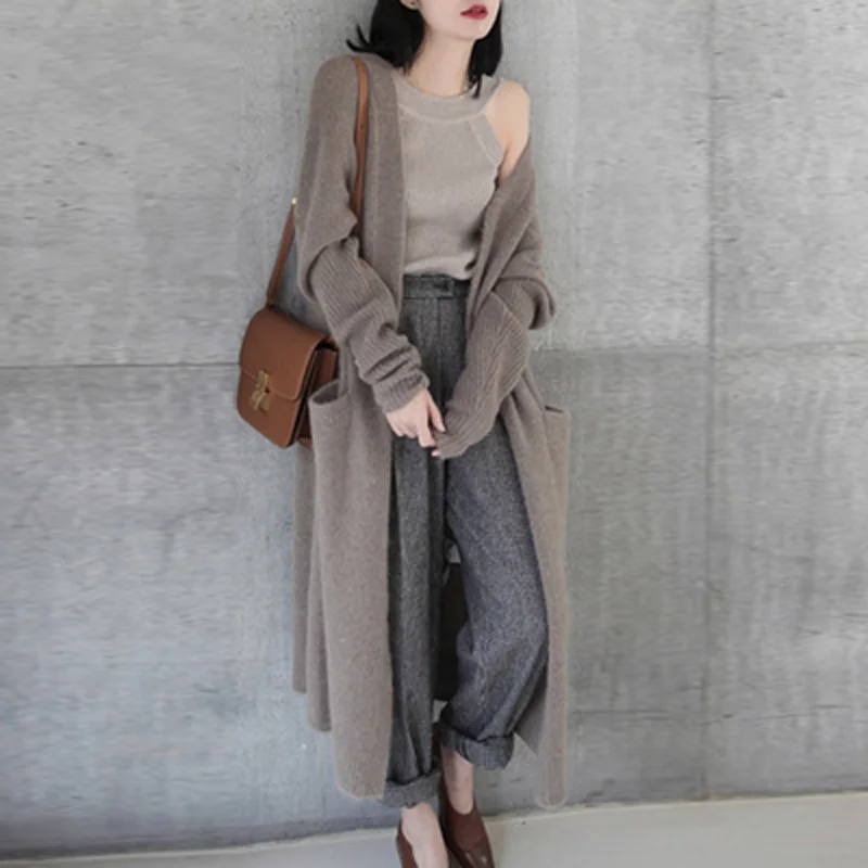 

Korean Vintage Midi Cardigan Tops Sweaters Woman Fall Winter Knitted Jackets Single Breasted Loose Long Coat Pull Vetement Femme
