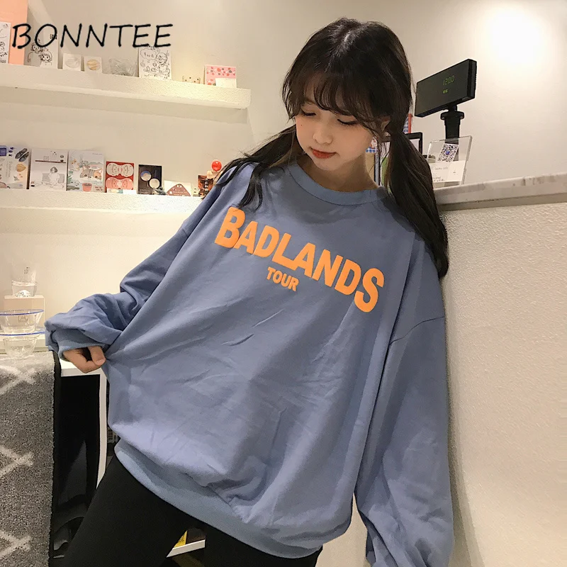 Женские толстовки Ulzzang BF Harajuku с принтом пуловер пышными рукавами и круглым