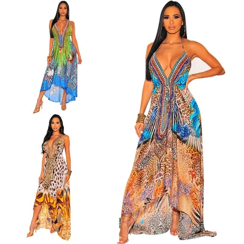 

Women Summer Sexy Halter Backless Deep V Neck Maxi Long Dress Boho Leopard Print High Waist Asymmetric Hem Beach Party Sundress