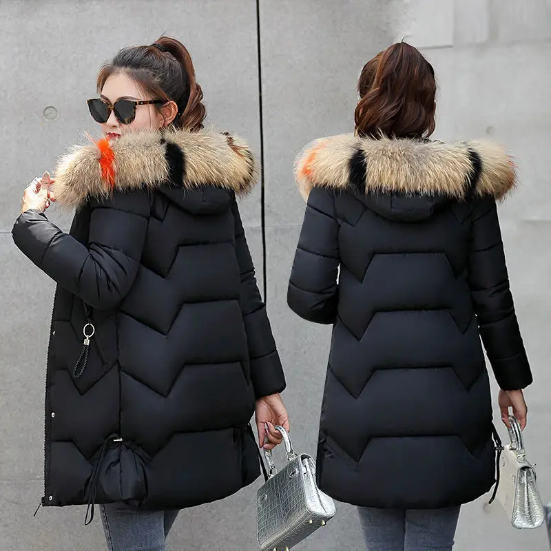 

Женская зимняя куртка, новинка, пуховик с подкладкой, Женская куртка средней длины с большим меховым воротником, подкладка, искусственная т...