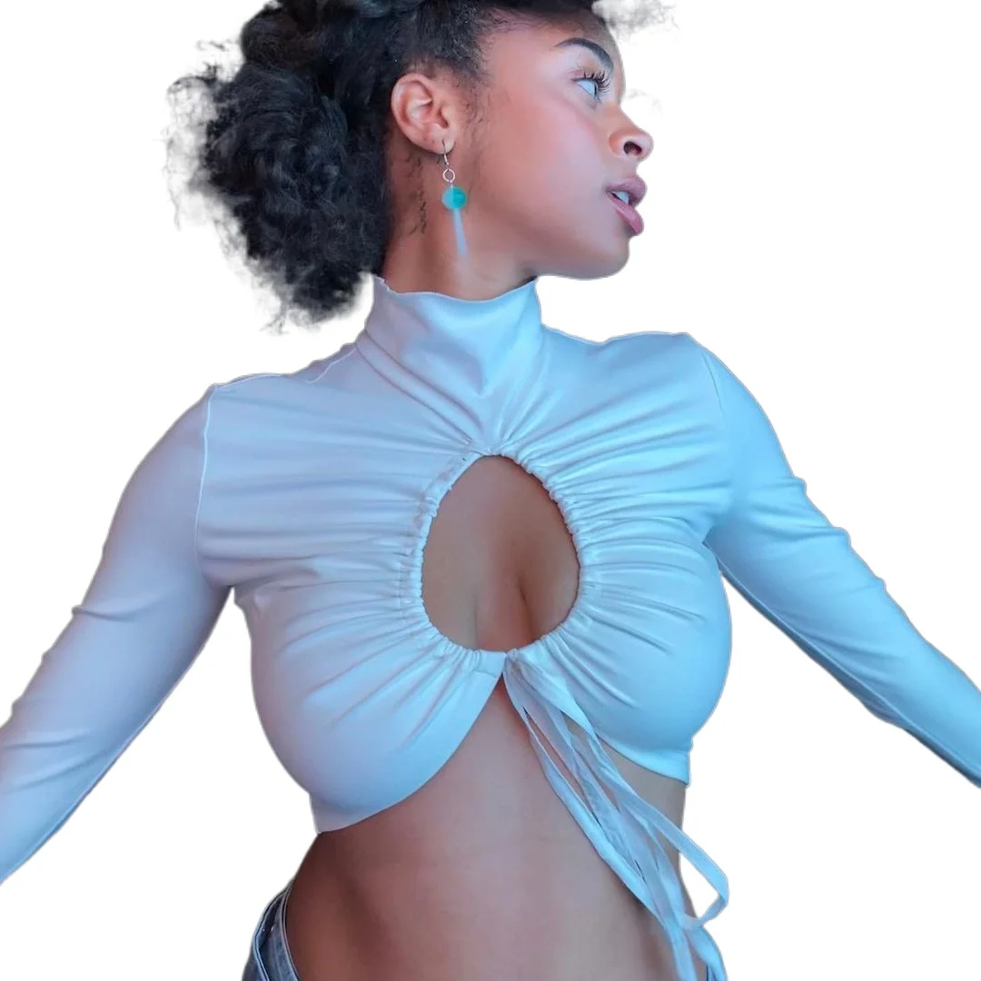 

Fashion Minimalism Hollow Out Y2k Crop Top Street Lace Up Casual Turtleneck Tshirt Smooth Skinny Club Tees