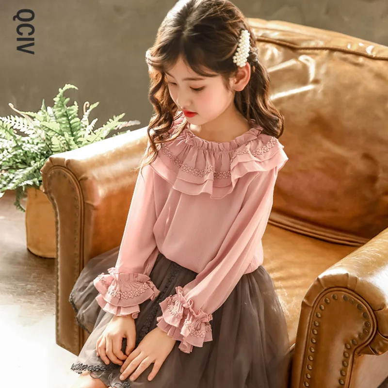 

New Girls Blouse Spring Summer Children Chiffon Shirt Kids Clothes Long Sleeve Ruffle School Girls Blouse Tops