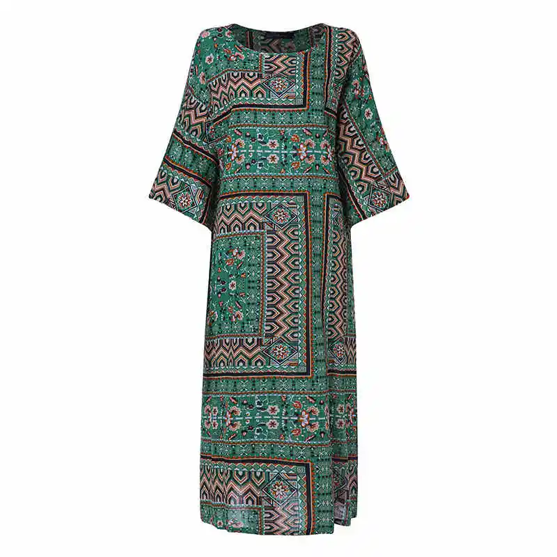 Green Printed Летнее платье макси, женское Полосатое летнее платье, ZANZEA, богемное, рукав 3/4, мешковатое платье, женское платье с круглым вырезом, лоскутное платье размера плюс - Цвет: Green Printed
