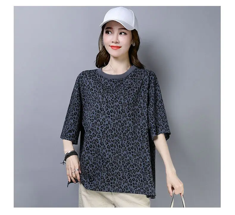 

Leopard Print Loose Short-sleeved T-shirt Female Round Neck Side Slit Simple Large Size Medium Long T-shirt Pullover Women