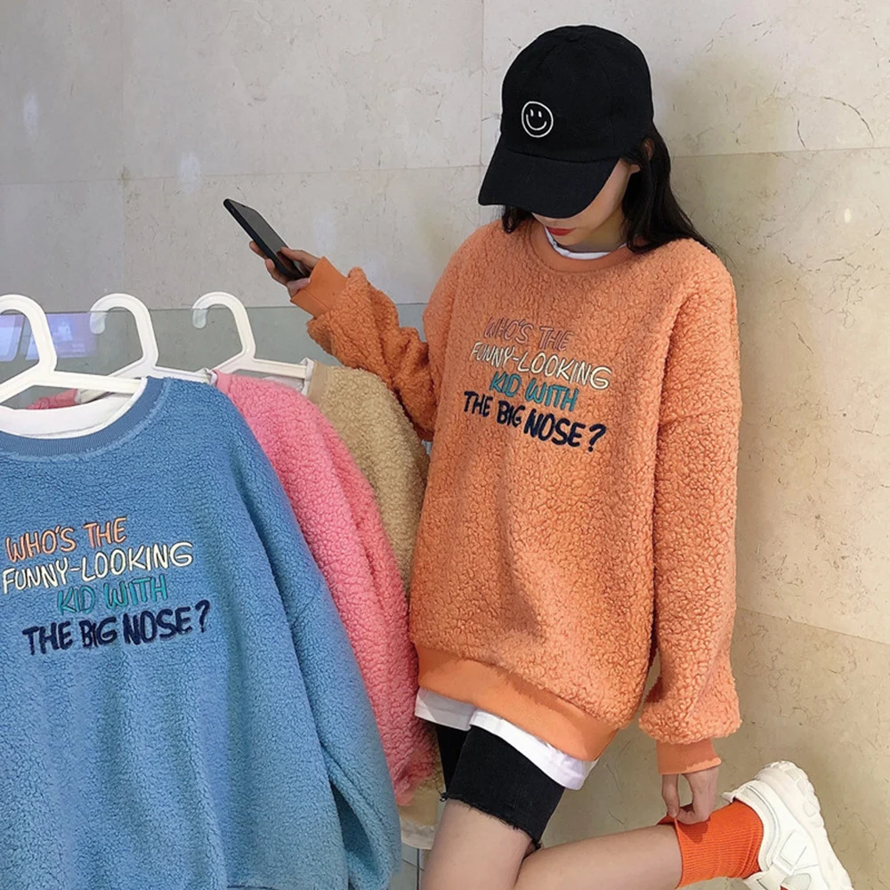 

Autumn Winter Korean New Plus Velvet Lamb Wool Women Sweatshirt Embroidery Harajuku Fake Two Pullover Female