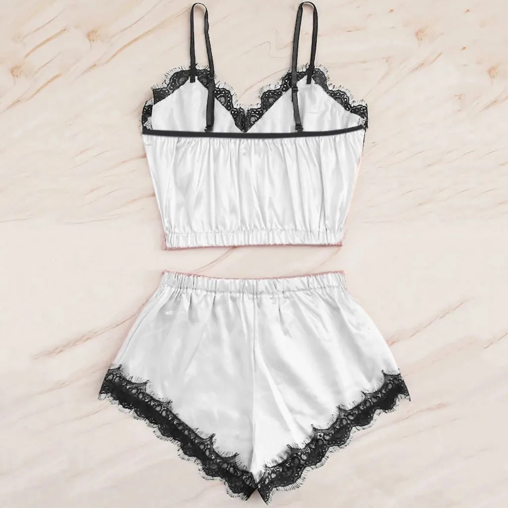 

New 2Pieces Women Pajamas Sets Silk Tops and Shorts Sleepwear Sets Elegant Sexy Lace Fashion Casual Home Clothes Nightwear