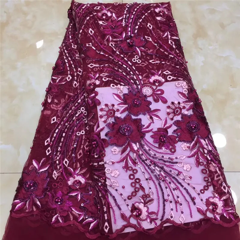 African pink Lace With beads Embroidery Textile Fabric High Quality Sequins French Tulle Fabrics For Wedding Party | Дом и сад
