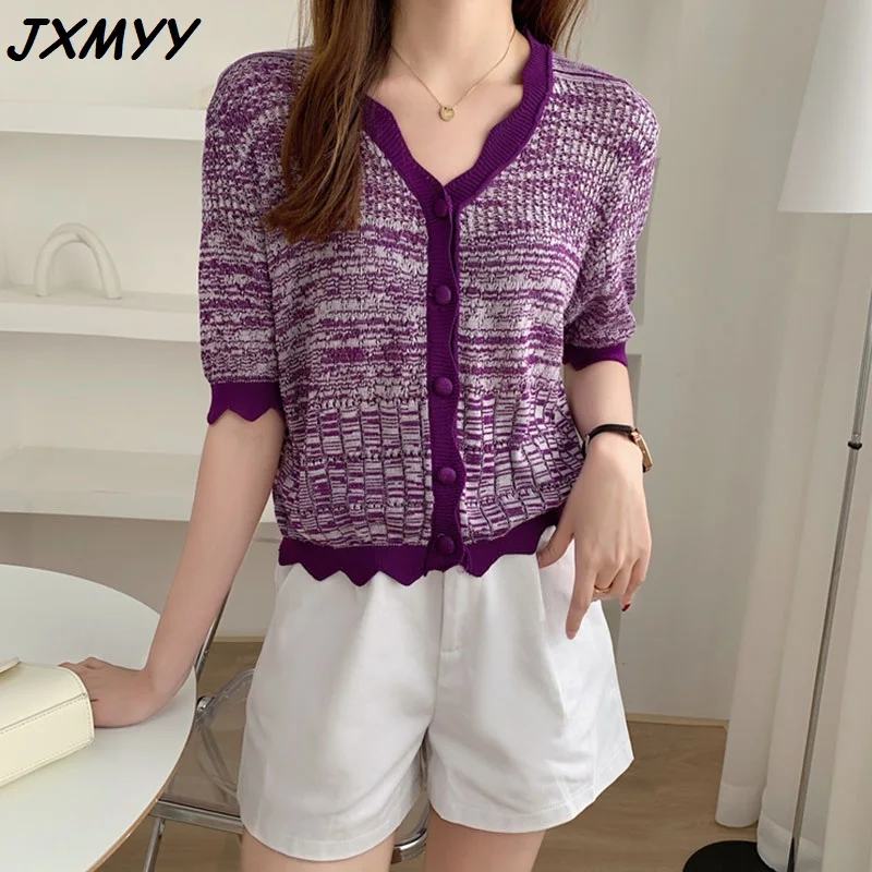 

2021 fungus knitted small sweater women's short spring and summer new slim and thin purple short-sleeved shirt JXMYY