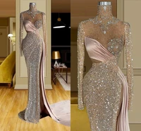 side split sexy mermaid prom dresses 2022 sparkly crystal beaded high neck long sleeve evening gowns women arabic