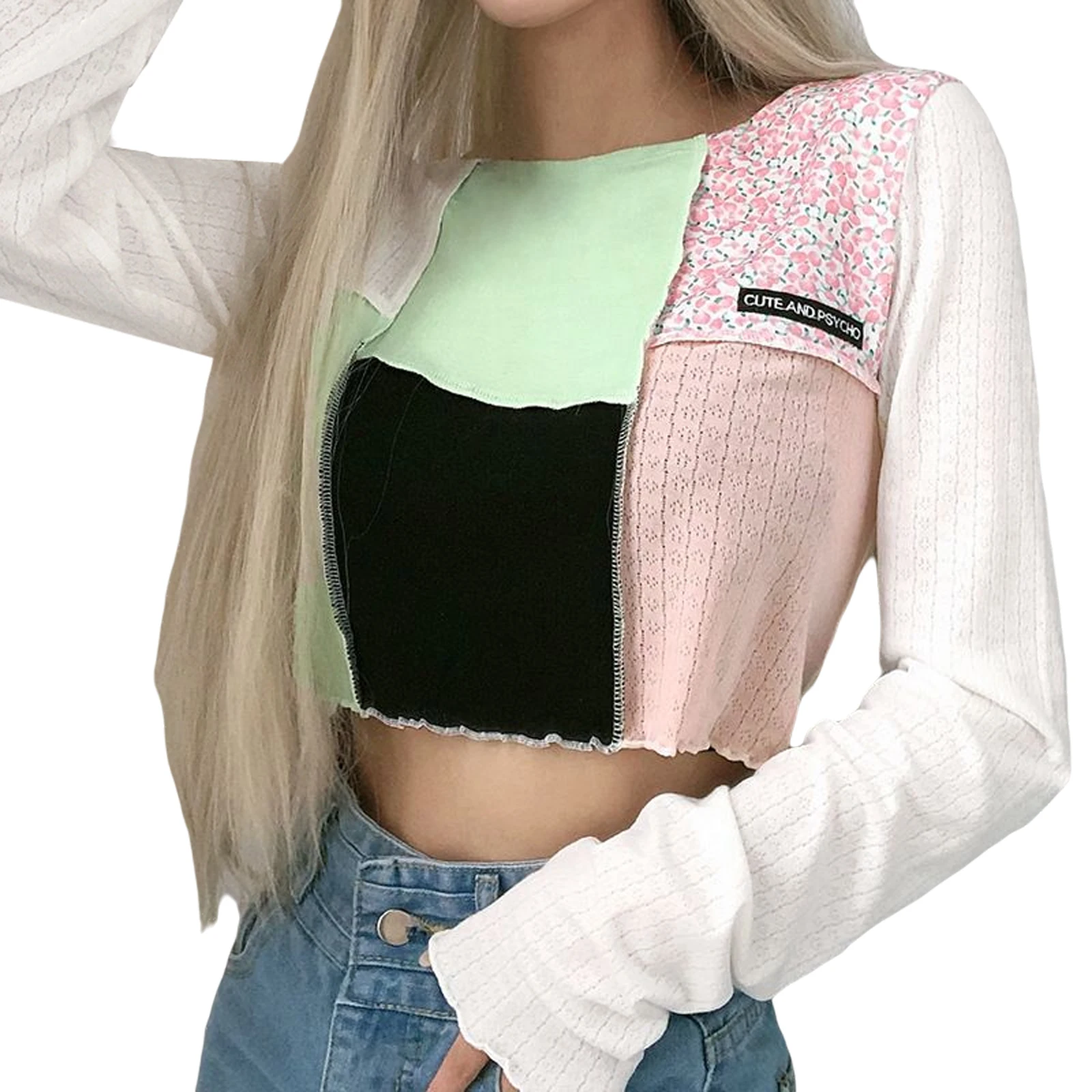 

Women Patchwork Crop Top, Stylish Round Neck Long Sleeve Color Block Loose Fit Tee Shirt