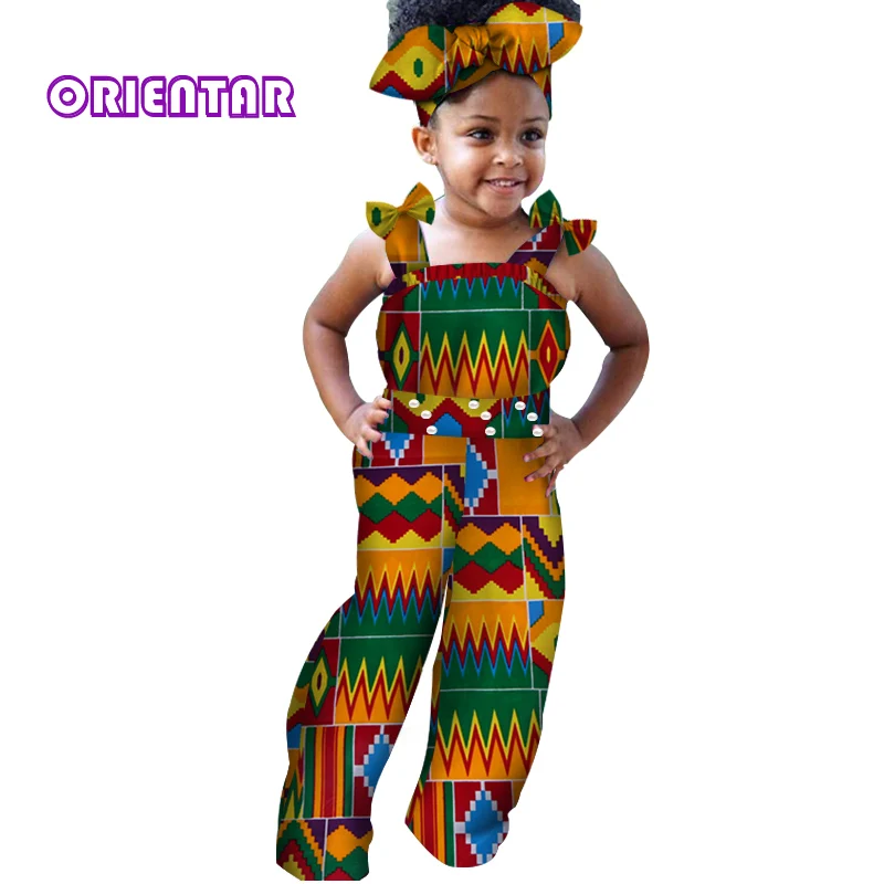 

African Clothes for Children Baby Girls Long Jumpsuit African Print Bazin Riche Sleeveless Kids Rompers African Clothing WYT216