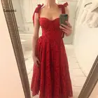 Женское богемное праздничное платье, красное платье миди на бретелях-спагетти с рюшами, высокой талией и открытой спиной, Пляжное платье с оборками на лето