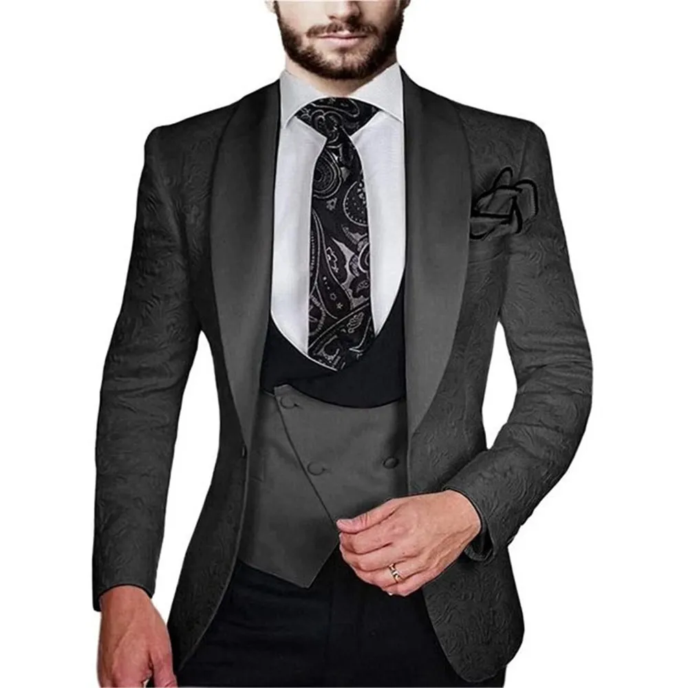 

Last Design Men Suits Black Jacquard+Vest+Pants Slim Fit Groom Blazer Satin Lapel Coat Wedding Tuxedos Custom Made Traje Hombre