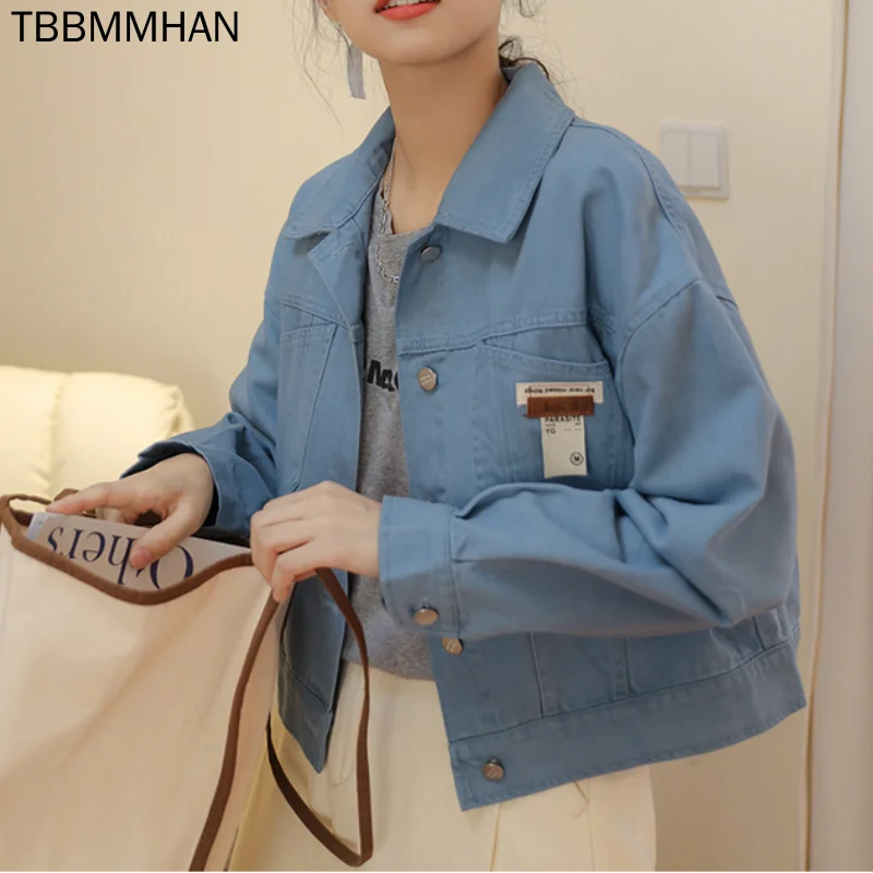 

Джинсовая женская куртка с длинным рукавом, короткий Свободный Топ в стиле ретро, уличная одежда, модное повседневное однобортное пальто в ...