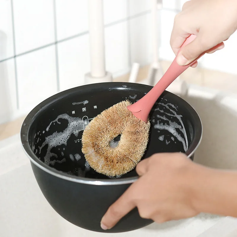 

Natural coconut palm pot brush Brown silk brush long handle cleaning brush pot brush Oil-free dishwashing