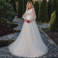 thinyfull glitter tulle long puff sleeves wedding dresses a line corset back long wedding party gowns plus size bride dress
