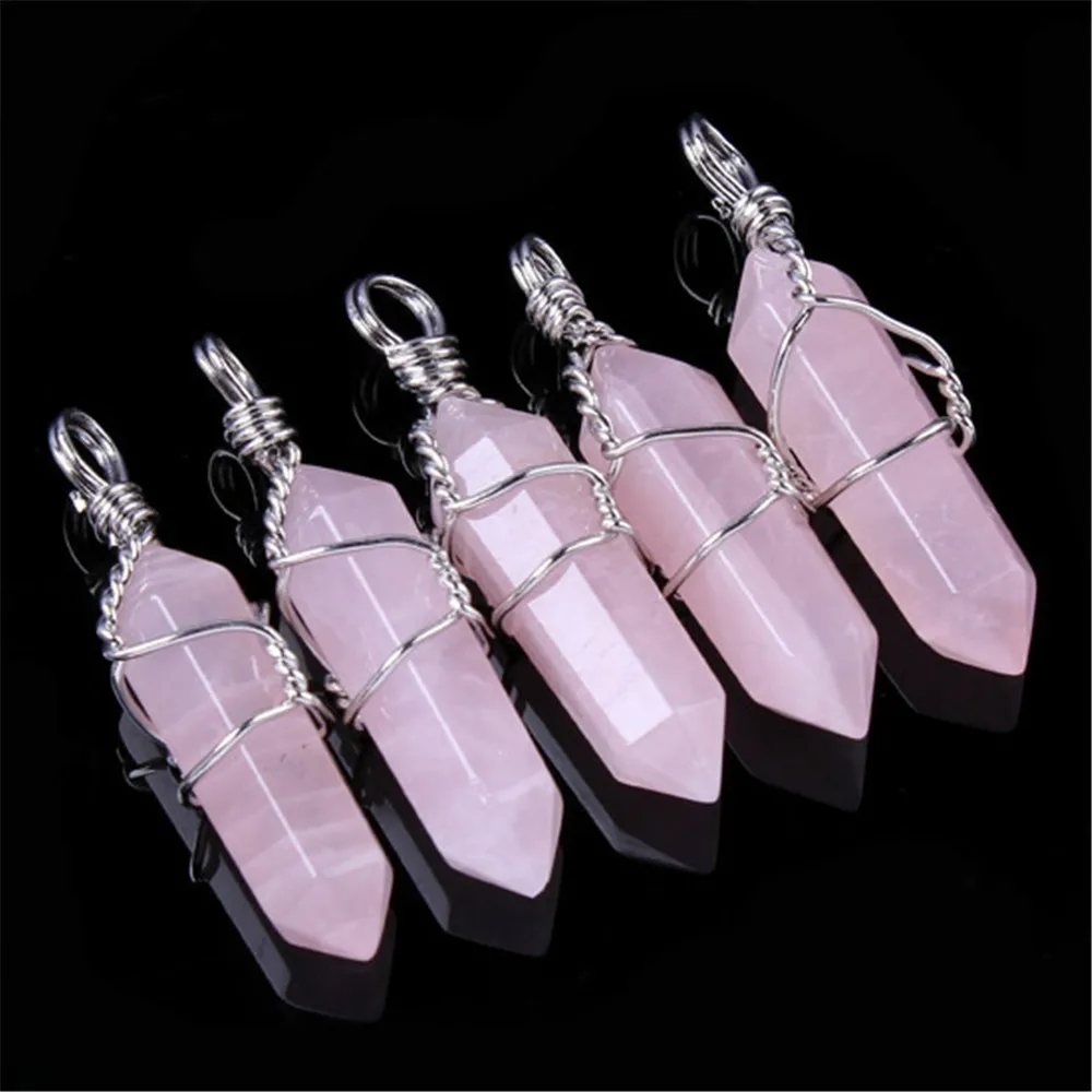 

12PCS Winding Natural stone Necklace Pendant Pink Crystal Quartz Tiger Eyes Amethysts Gem Stone Meditation Pendulum Jewelry