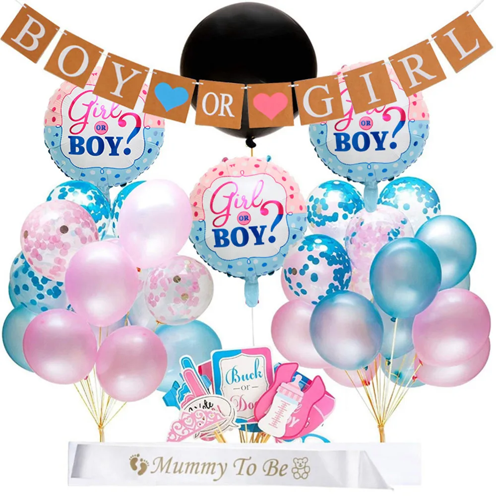 

1set 36pcs Gender Reveal Party Supplies 36 Inch Reveal Balloon Boy or Girl Banner Mommy To Be Sash Baby Shower Decorations Photo