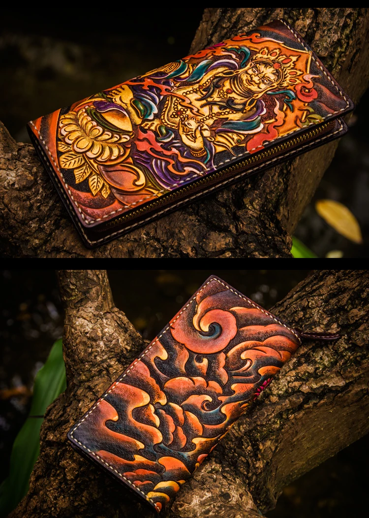 Handmade Wallets Carving the god of wealth Purses Men Long Clutch Vegetable Tanned Leather Wallet Card Holder