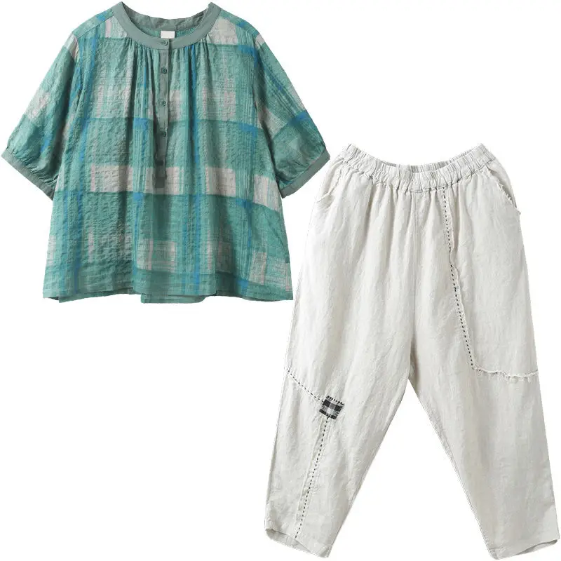 

2021 Summer New Single Piece/Suit Female Large Size Mother's Two-Piece Retro Printing Women Plaid Five-Point Sleeve Set A192