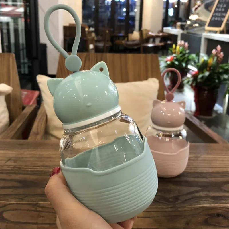 Cute Cat Glass Water Bottle With Rope 300ML Mini Leakproof Cup Student Tour Outdoor Drinkware Wholesale 35 |