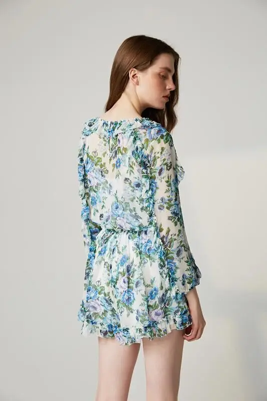 Женский пляжный комбинезон с оборками белый V-образным вырезом длинным рукавом и