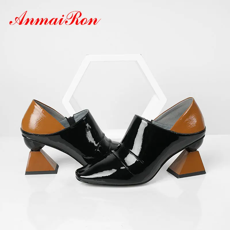 ANMAIRON 2020 Basic Patent Leather Pointed Toe Ladies Shoes Square Heel Luxury Shoes Women Slip-On Fashion Women Pumps34-43
