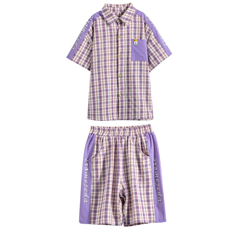 

Kids Boys short-sleeved plaid shirt 2pcs suits summer cotton pants new leisure loose suit 6-12 years old