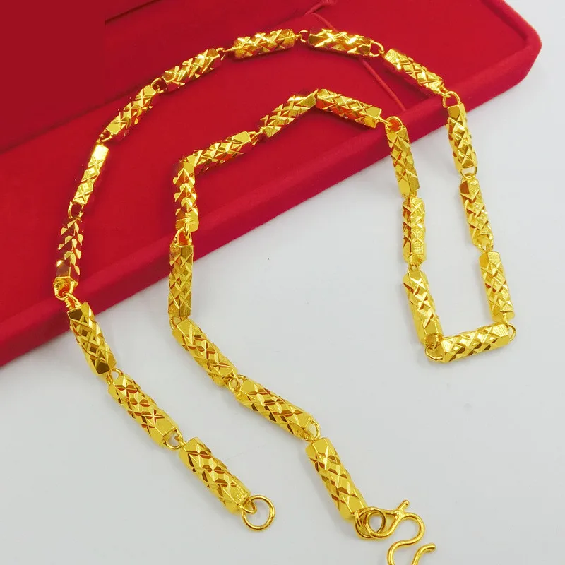 

Unique Rhombus Carved Necklace 18K Gold Fashion Hexagon Chain Necklace Mens Jewelry Gift