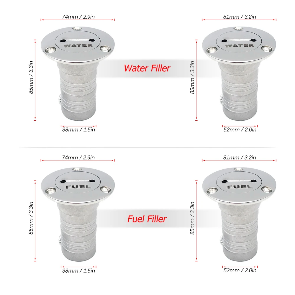 

1.5" / 2" Boat Deck Water Fuel Filler Marine 316 Stainless Steel Key Cap Yacht Fill Hardware Water Sports