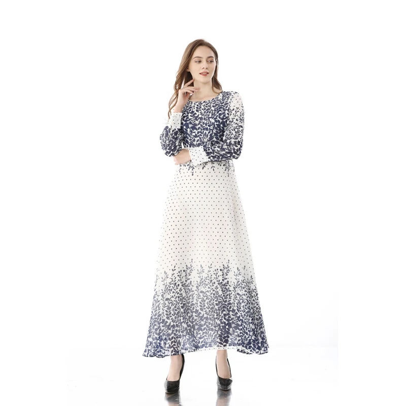 

Bohemia Floral Print Fashion Women White Long Dress Elegant Muslim Arabian Oman Full Sleeve Maxi Dresses 2021 Newest Robe Femme