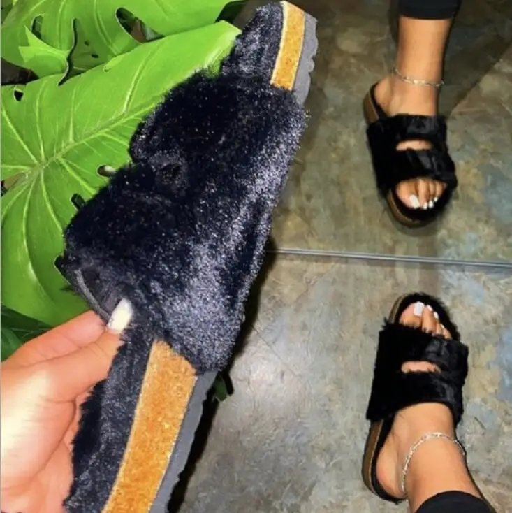 

2021 fall/spring new plus size women's shoes flat candy-colored plush women's slippers home double sandals comfortable flip flop