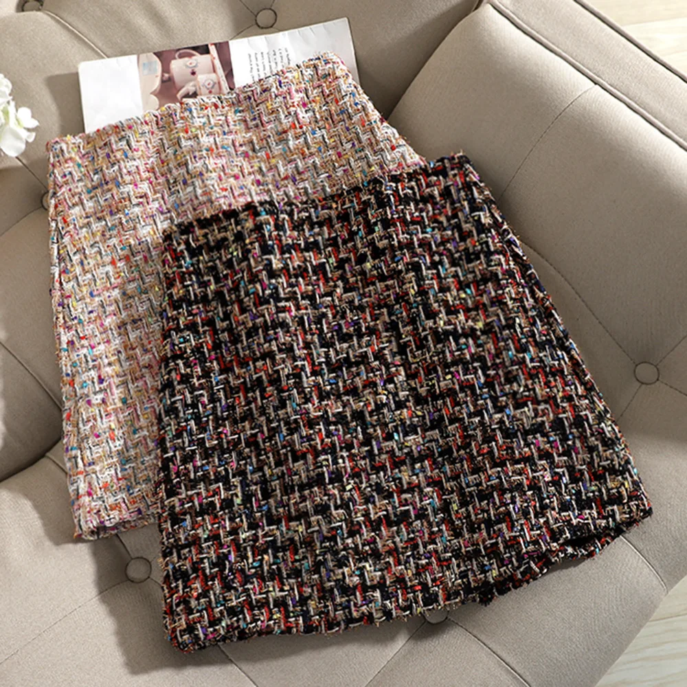 Твидовый плед Новый с высокой талией золотой шелк на сумку юбку бедра женщин |