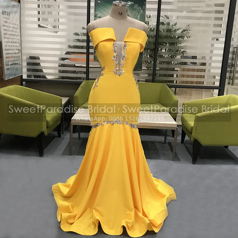 

Real Picture Mermaid Evening Dresses With Silver Sequins Appliques Gold Yellow Off Shoulder Long Trumpet Prom Dress Party