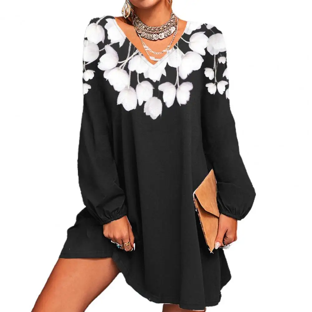

Ele-choices Long Sleeve Big Hem Women's Dress for New Year 2022 Mini Dress V-neck Party Dresses White Flower Print Female Dress