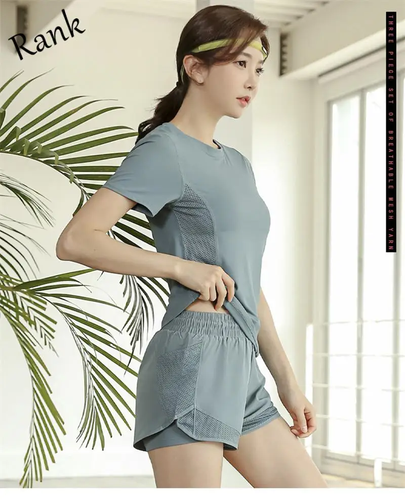 

Women Short Sleeve Set 3 Piece Suit Clothes Fitness Mesh Tank with Pocket Crop Top Shirt Quick Dry Short
