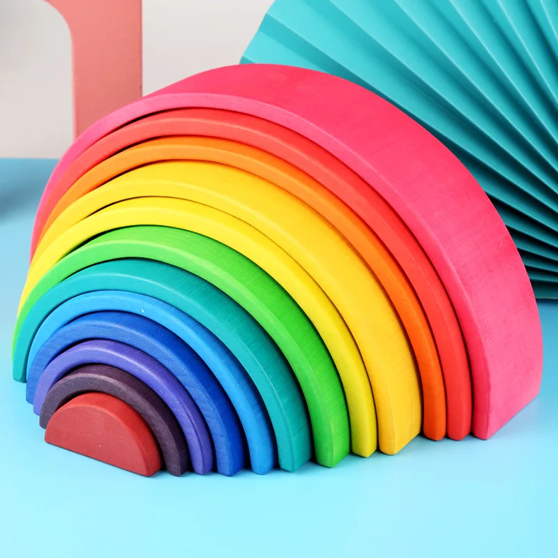 DIY Wooden 12 colors Rainbow Baby Color Cognitive Building Blocks kids/children Educational Toys Adult Creative Ornaments