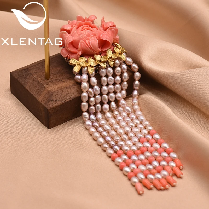 

XlentAg Luxury Coral Flower Natural Fresh Water Pearl Tassel Brooches For Women Pendant Dual Use Handmade Fine Jewelry GO0040
