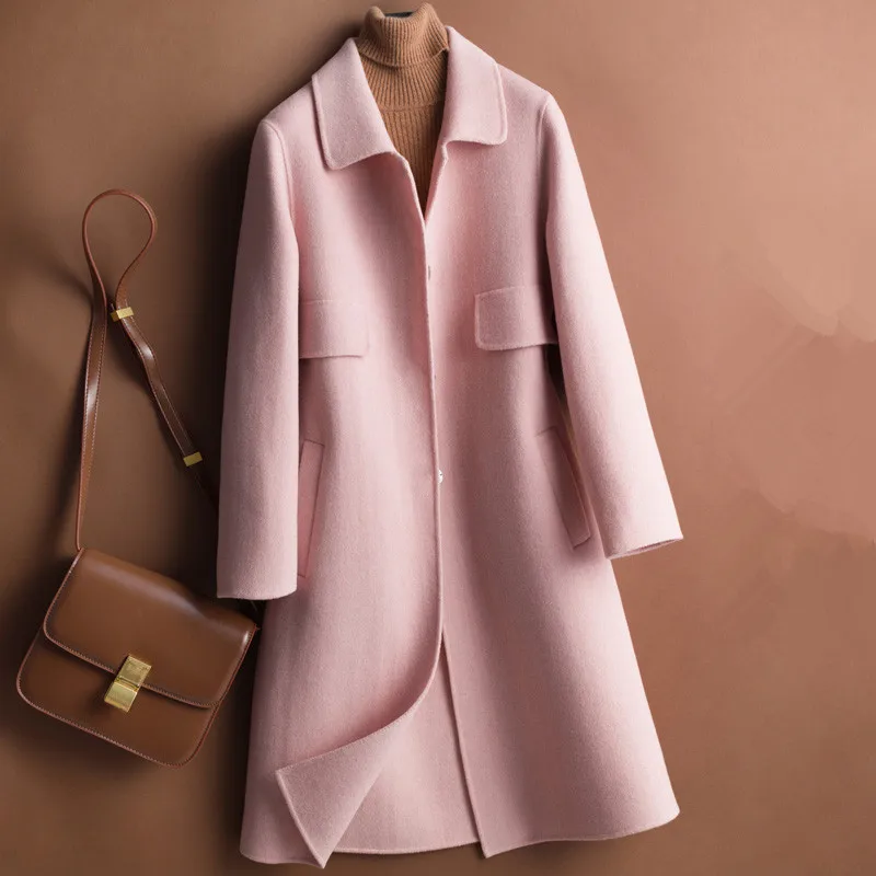 

2022 Autumn Winter Loose Long Double Sided Cashmere Wool Coat Women 3 Color Overcoat Office Lady Long Sleeve Wool Jacket Female