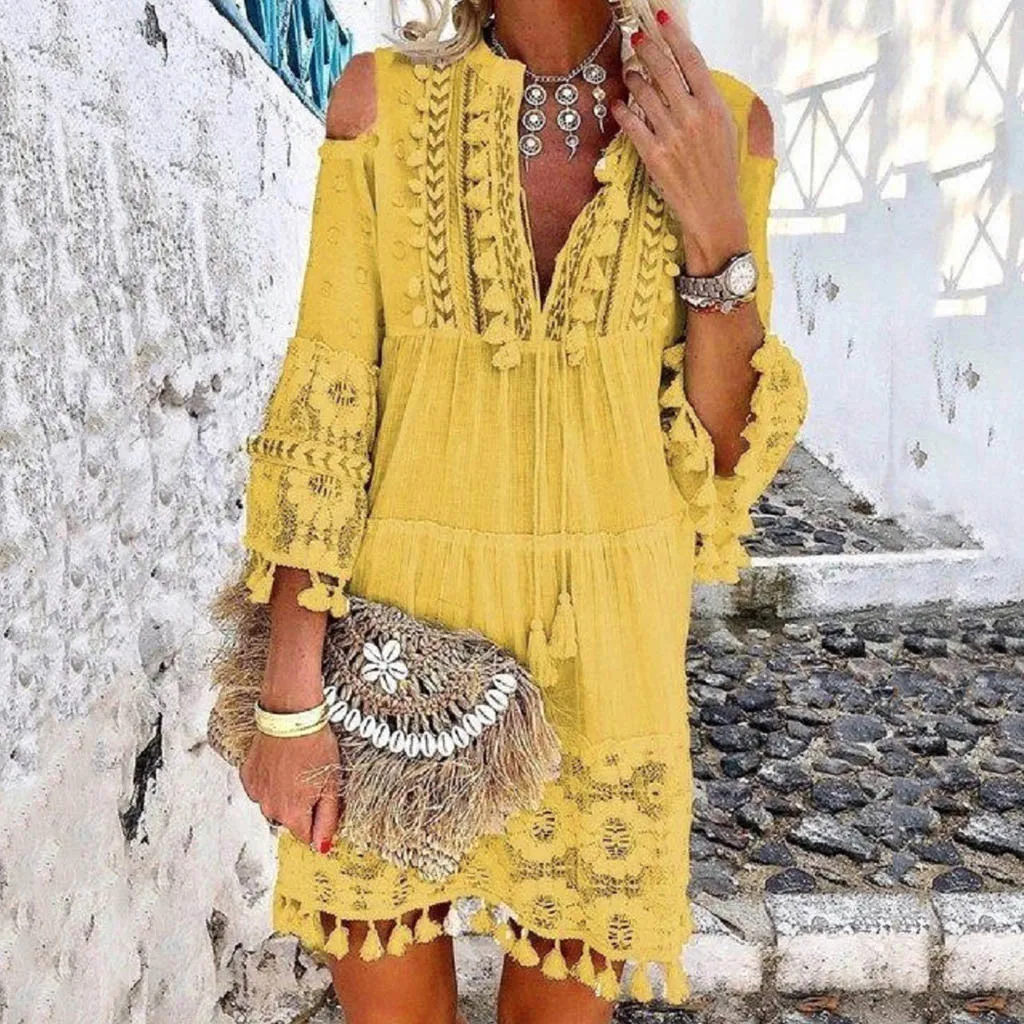 Модное повседневное богемное однотонное короткое платье большого размера с V