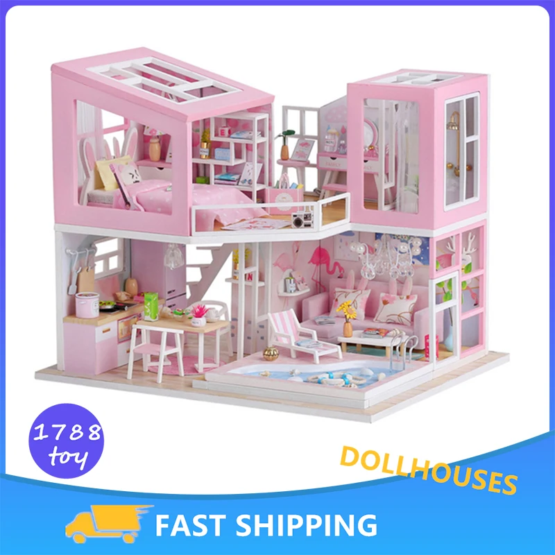 

Детский домик «сделай сам», модель хижины, розовая первая влюбленная хижина, собранные деревянные игрушки, праздничные подарки для девочек ...