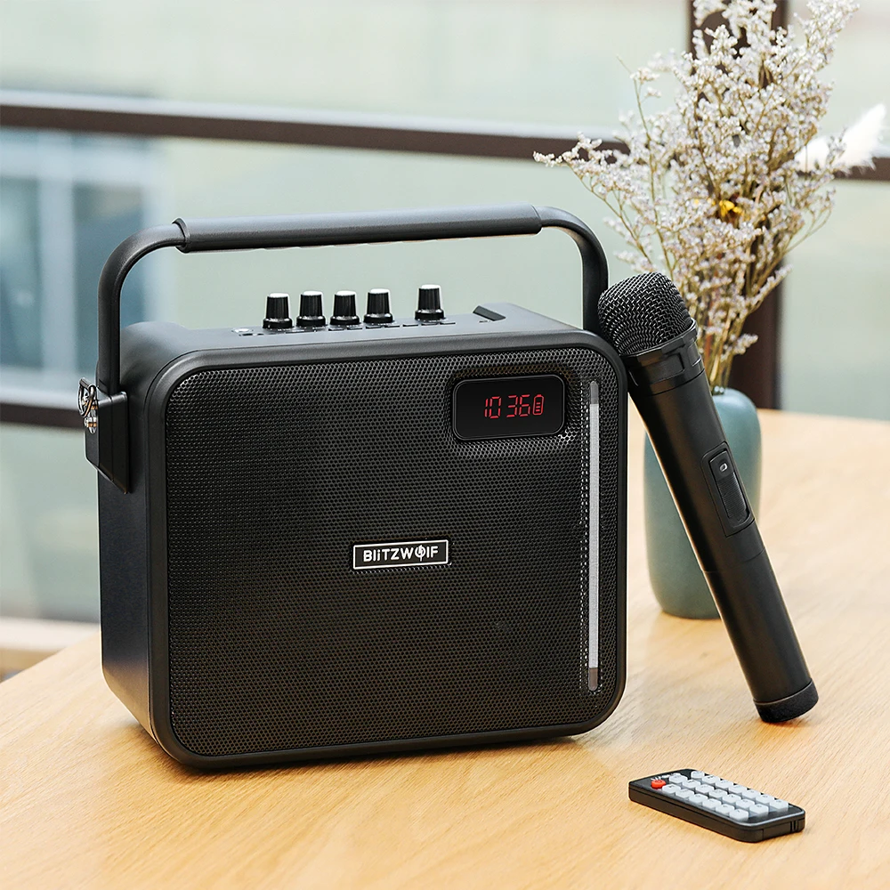 BlitzWolf bluetooth, вечерние колонки для караоке V4.1, 20 Вт, 3600 мА/ч, AUX in USB, FM режим, портативный беспроводной микрофон, удаленный динамик