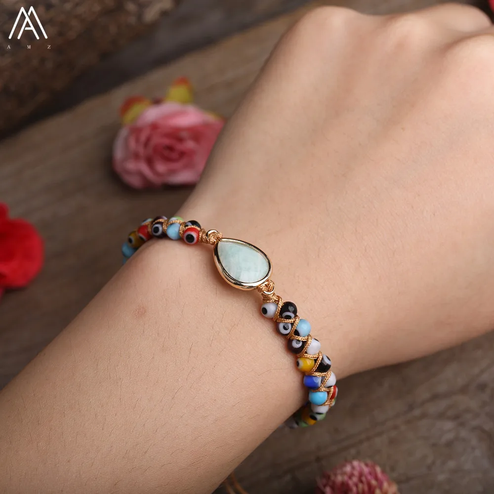 

Natural Amazon Stone Water Drop Charms 4mm Enamel Rainbow Evil Eye Stone Beads Knotted Braided Friendship Bracelet For Women