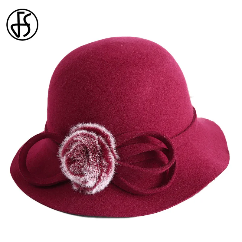 FS шерстяная фетровая шляпа в стиле ретро для женщин зимняя котелок с цветочным