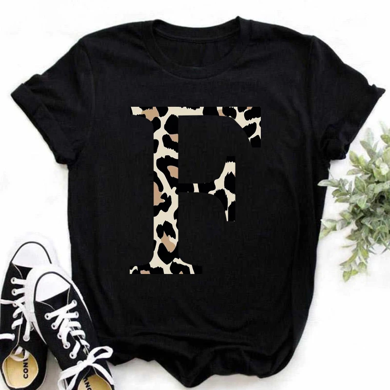 

Vogue 26 Alphabet Letter Women T-shirt Girl A To Z Alphabet Combination Leopard Short Sleeve Casual Korean Style Tops,Drop Ship