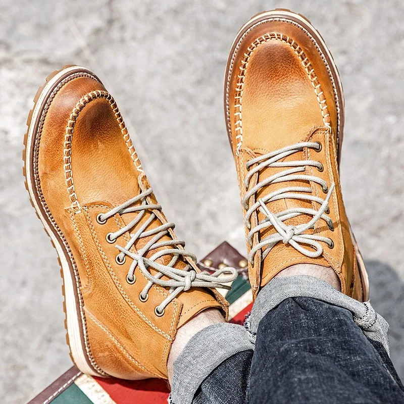 Ботильоны мужские из натуральной воловьей кожи на шнуровке с круглым